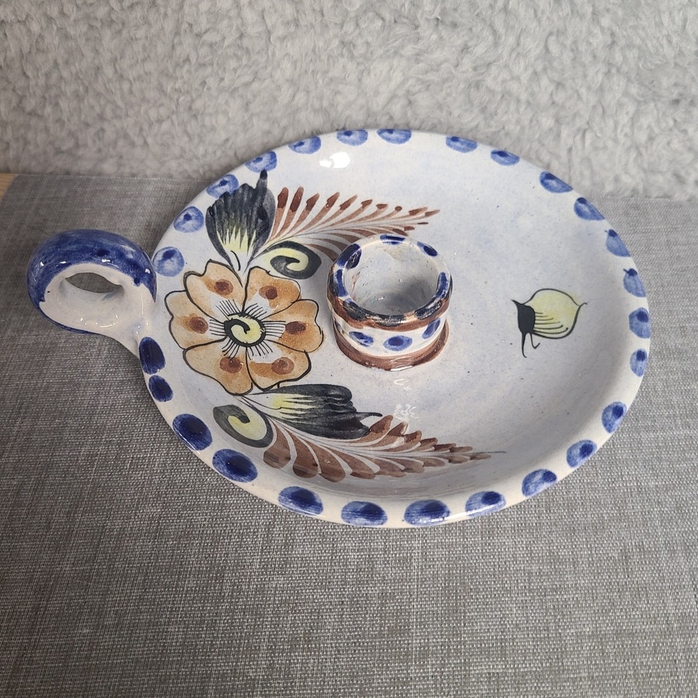 Tonala Mexico Chamberstick Taper Candle Holder Pottery Butterfly Floral Signed - Picture 3 of 10